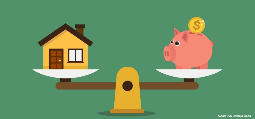 Casa y marranito alcancía en una balanza, representa el ahorro con el crédito especial para vivienda sostenible Casa y marranito alcancía en una balanza, representa el ahorro con el crédito especial para vivienda sostenible